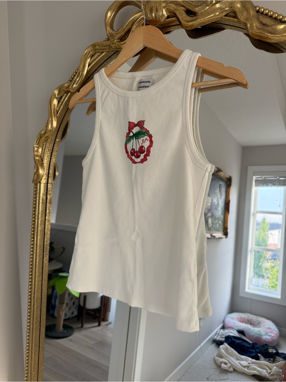 Damson Madder Vintage Style White Ribbed Tank with Cherry Wreath Embroidery